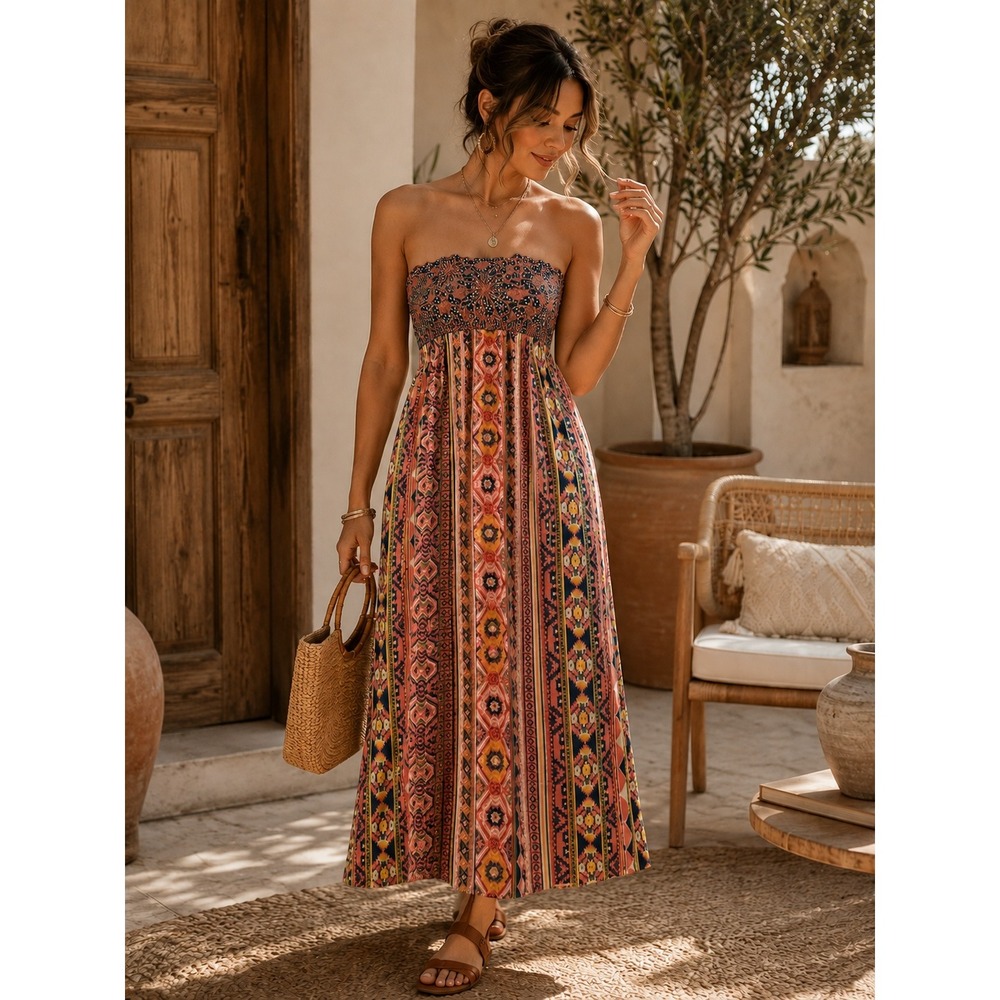 **Desert Sunset Boho Maxi Dress | Embroidered Strapless Festival Style